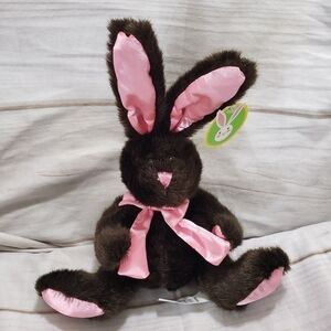 Kids Of America Dark Brown Bunny Rabbit 7" Plush Stuffed Animal Pink Satin Ears